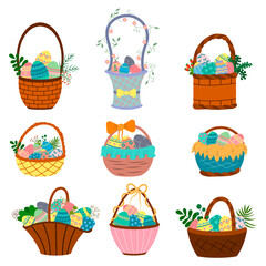 A set of Easter baskets with eggs, vector isolated on a white background