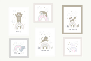 Cute rainbow and koala, bear, fox, bunny, sloth, leopard - vector print for baby. Vector print for creating posters, invitations, cards and wall decor  © NadezdaBarkova