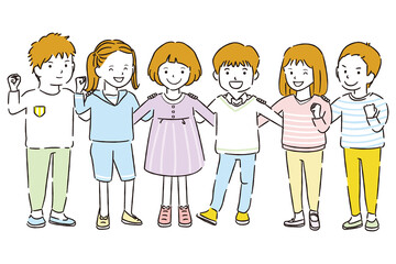 手書き線画カラーイラスト　男の子女の子6に集まって笑顔でガッツポーズ
