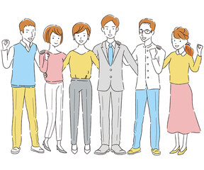 手書き線画カラーイラスト 　男女の仕事仲間6人　ガッツポーズ