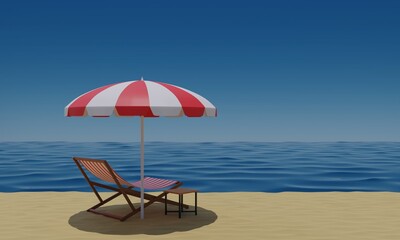 colorful umbrella and beach chair on the beach in summer.3d rendering.	