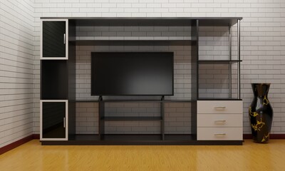 lcd tv on showcase and cabinet in the livingroom.3d rendering.	
