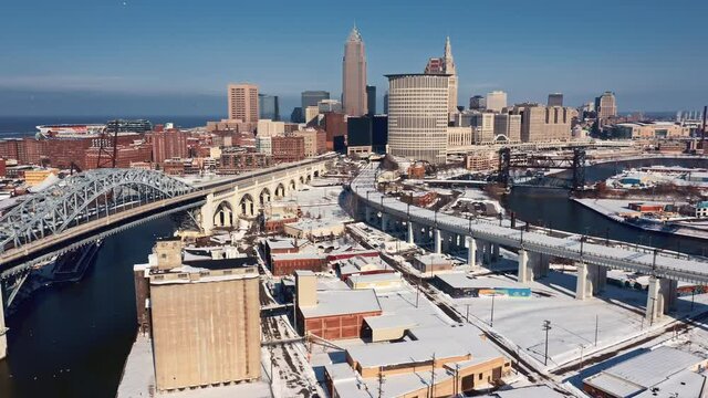 Cleveland Ohio aerial drone right to left dolly shot of city skyline during Winter with snow cover