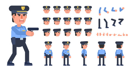 Policeman, police officer in blue uniform creation kit. Create your own action, pose, animation. Modern vector illustration