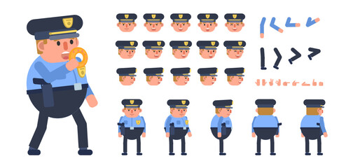 Fat policeman, police officer in blue uniform creation kit. Create your own action, pose, animation. Modern vector illustration