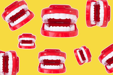 Collage of the trend of a big mouth with lips and teeth on a yellow background.