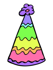 Hand drawn colorful party hat illustration isolated on a white background. Birthday cap doodle. Holiday clip art.