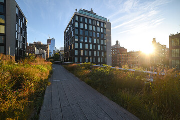 Sunrise on the high line route for visitors in Manhattan, New York.