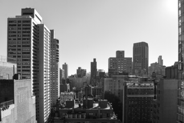 Skyscraper buildings from Manhattan, New York, photographed from above in black and white