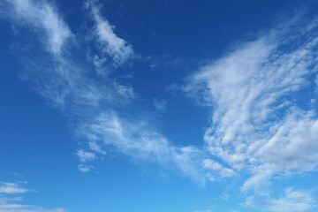 Blue sky background with white fluffy clouds.