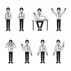 白シャツでオフィスカジュアルな若い男性ビジネスマンのOKや万歳やパソコンの前に座るなどの表情バリエーションの白背景に線画の動画にも使えるシンプルなイラスト