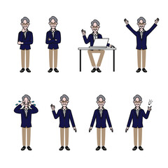 ジャケットを着たオフィスカジュアルなメガネのシニア男性のOKや万歳やパソコンの前に座るなどの表情バリエーションの白背景に線画の動画にも使えるシンプルなイラスト