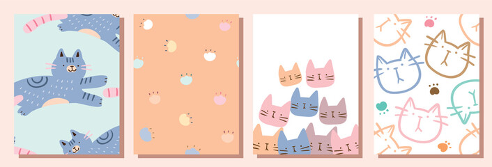 Vector Illustration of Cute Cat Postcard Set