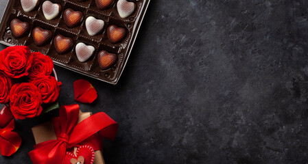 Valentines day gift box, roses and heart candy