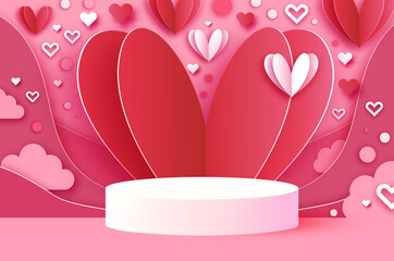 Happy Valentine's day 3D Podium scene or pedestal on pink background with heart paper cut craft shapes. Studio for display product mockup design. Waves and clouds. Super romantic holidays.