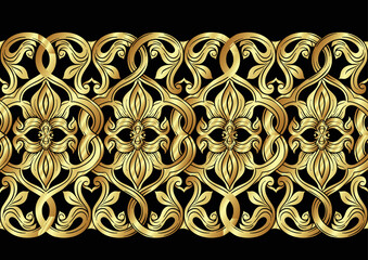 Interlacing abstract ornament in the medieval, romanesque style. Seamless pattern, backgroundin gold and black. ector illustration.