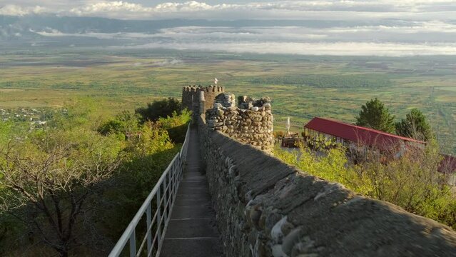 Walking on the historic city wall the Sighnaghi city, Kakheti region, Georgia