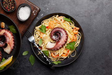 Seafood pasta with octopus and shrimps