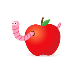 Red apple with worms. Worm is a cartoon character coming out of an apple.