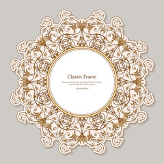 Baroque frame decor. Detailed rich ornament graphic line art. Vector illustration in beige colors