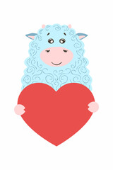 Cute cartoon sheep ram mutton animal holds a heart sign with copy space. set valentine's day greeting card banner invitation flyer brochure. cartoon hand drawn style. Little animals pets in love