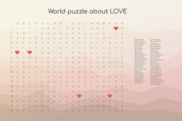 Valentines day word puzzle crossword - find the listed words about love in the brain work puzzle. attentiveness test, riddle game in English. words are located forward and down