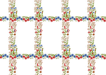 Floral vintage seamless pattern. Medieval illuminati manuscript inspiration. Design for wrapping paper, wallpaper, fabrics and fashion clothes. Vector illustration. Isolated on white background.