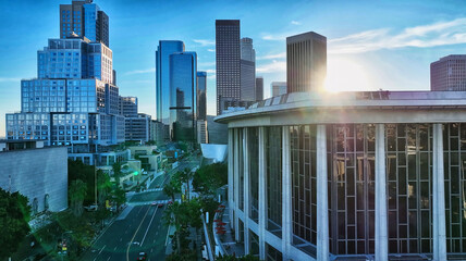 Los Angels city center. Los angeles aerial view, with drone. Los Angeles downtown skyline. Business centre of the Los Angeles city.