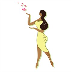 Elegant African American woman walks with a heart. Silhouette of a nice girl in a yellow dress giving love. Isolated vector character on white background. Cute fabulous image for your stylish design