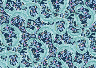 Decorative flowers and leaves in art nouveau style, vintage, old, retro style. Seamless pattern, background. Vector illustration.