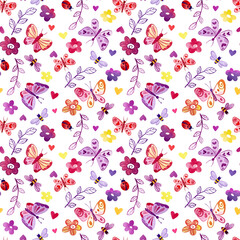 Watercolor pattern of butterflies, flowers, twigs, bees and ladybugs on a white background.