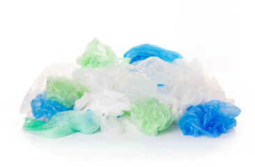 Separate collection of plastic garbage. LDPE stuff for recycle on white background. Eco friendly concept. Recyclable plastic waste: bubble wrap, disposable bags, packing tape. Low Density Polyethylene - 482306967
