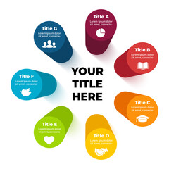 3D Vector Perspective Infographic. Presentation slide template. 7 step options pillar chart. Circle cylinder diagram concept.