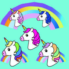 Pattern Unicorns on a blue background with a rainbow