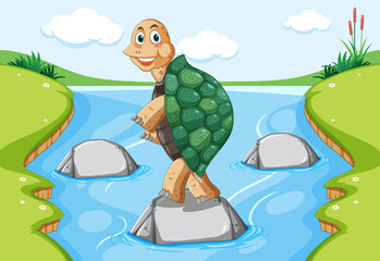 Turtle with green shell standing on a rock in the forest