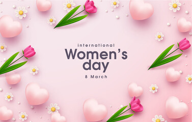 World womens day with realistic illustration of flowers and love balloons