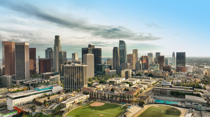 Fototapeta na wymiar Los Angeles city aerial view on downtown cityscape of Los Angels. Business centre of the city, panoramic landscape. California skyline and skyscrapers.
