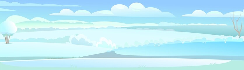 Fototapeta na wymiar Winter rural landscape with cold white snow and drifts. Beautiful frosty view of countryside hilly plain. Flat design cartoon style. Horizontal illustration. Vector