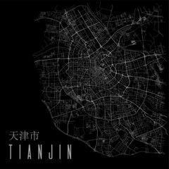 Tianjin city vector map poster. China municipality square linear street map, administrative municipal area.