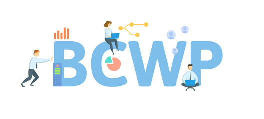 BCWP, Budgeted Cost of Work Performed. Concept with keyword, people and icons. Flat vector illustration. Isolated on white.