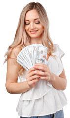 Young happy woman with dollar banknotes in hand isolated on white background