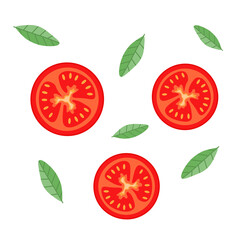 Slices of tomato with herbs on a white background