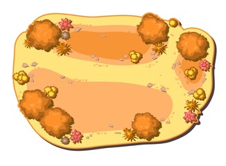 Island Autumn landscape top view. Scene with yellow and orange trees and bushes from height. Above countryside. Isolated on white background. Cartoon style illustration. Vector