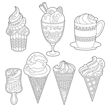 Different sorts of ice cream. Monochrome deserts isolated on white background. Coloring book style for children and adults