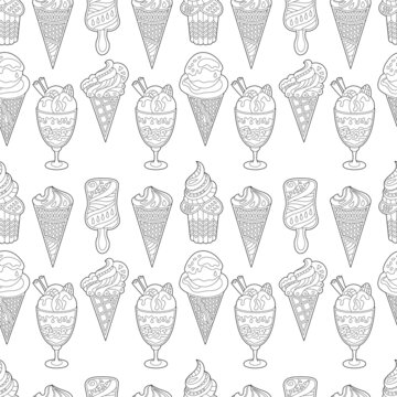 Seamless background with monochrome ice cream cones. Endless texture with different sweet deserts