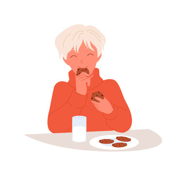 Cute boy eating chocolate cookies vector illustration. Cartoon funny child holding healthy choco dessert, kid sitting at table with sweet breakfast snack on plate and glass of milk isolated on white