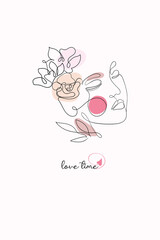 Love time postcard or print for t-shirt. Beautiful print for valentine's day with woman face