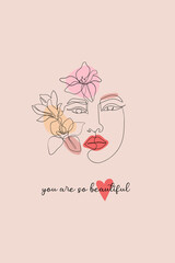You are so beautiful postcard or print for t-shirt. Beautiful print for valentine's day with woman face