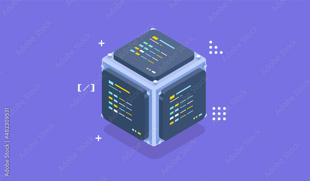 Poster technology infographic design for quantum computer. blockchain server concept, server room, database