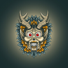 Skull head with horn, flower, and leaves